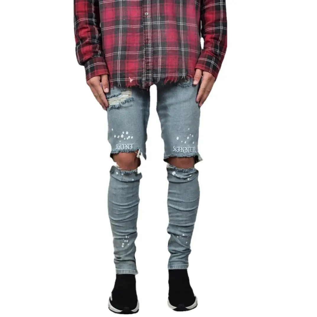 

Denim Custom Jeans Hombre Skinny Jeans Light Color Ripped Skinny Stacked Pantalon Ripped Men'S Jeans, Blue