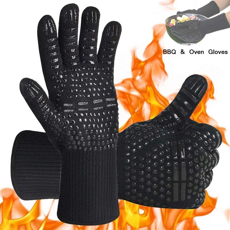 

1472F Fireproof Cooking Aramid Cut Heat Resistant Grill Barbecue Kitchen Baking Double Oven Mitts BBQ Silicone Gloves, Black