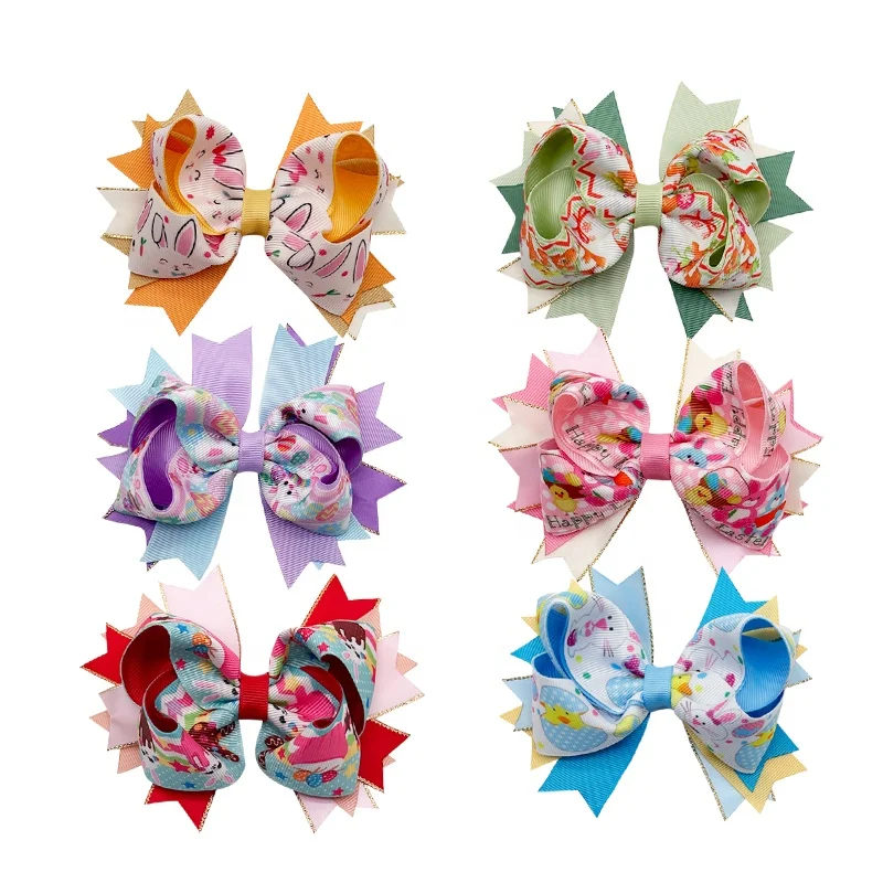 

Wholesale Custom Hair Accessories Print Handmade Satin Grossgrian Ribbon Bow Toddler Girls kid Hair Bow Hair Clips