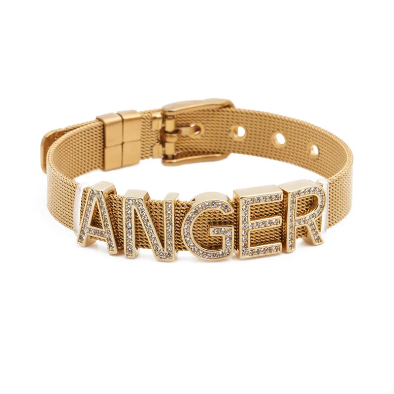 

DIY ANGER Special Design Gift Adjustable Stainless Steel 10mm Charms Bracelet Letter Mesh Slide Loop Bracelet For Men Women, Gold/sliver