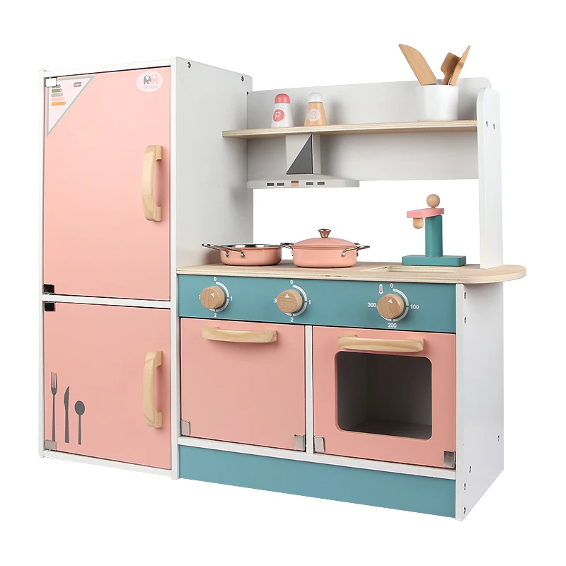 

hot sale pink cooking refrigerator stove kitchen toys early educational wooden kitchen toy sets kids toys montessori