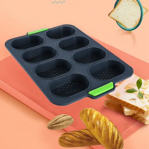 

DIY Bakery Burger Mold Food Grade Silicone 8 Hole Cake Mold Baguette Baking Mold Non-stick, As shown in the figure below