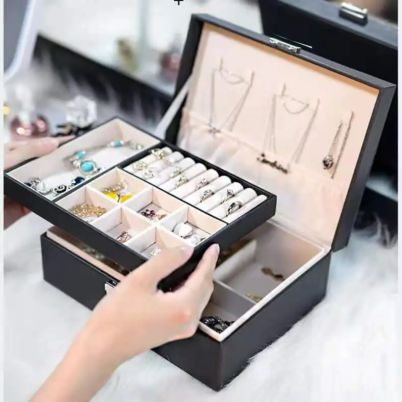 

Fashion New PU Leather Double-layer Jewelry Box Ring Earrings Necklace Jewelry Storage Packaging Box, Picture shows