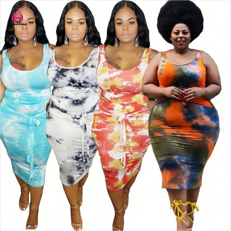 

High Quality Fashion Tight Hips Plus Size Woman Tie Dye Midi Dress Two Piece Set