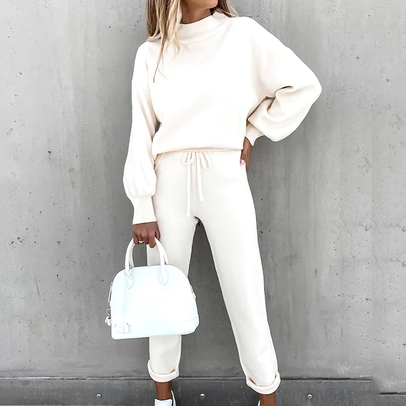

Autumn Winter Pullover Hoodie Long Pants Sports Suit Female Sweatshirt Knit Two Piece Set Women Clothing