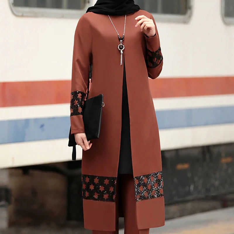 

2020 New Design Ethnic Long-sleeved Loose Abaya Muslim Women Elegant Suit Islamic clothing Top and Pants, Orange red, wine red