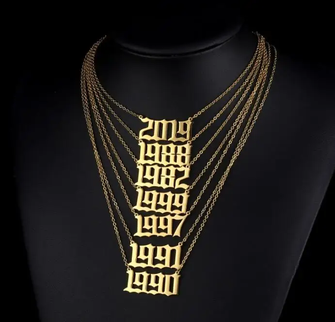 

Personalised Birth Year Gold Plated Necklace high polished stainless steel number Year necklace, Gold color