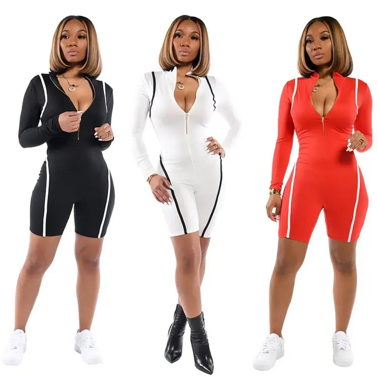 

0420M061 Summer New Fashion Women Bodycon Jumpsuit Solid Color Zippers Long Sleeve Sexy Wholesale Thip Up Short Sports Jumpsuits