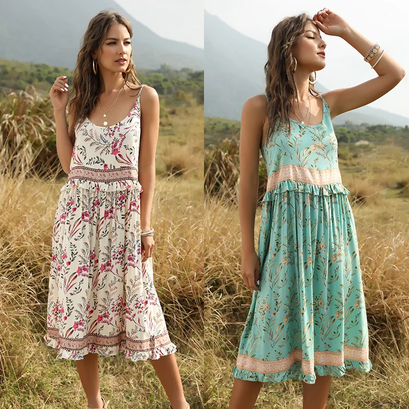 

casual summer rayon hot sale floral boho print sleeveless strap midi dress