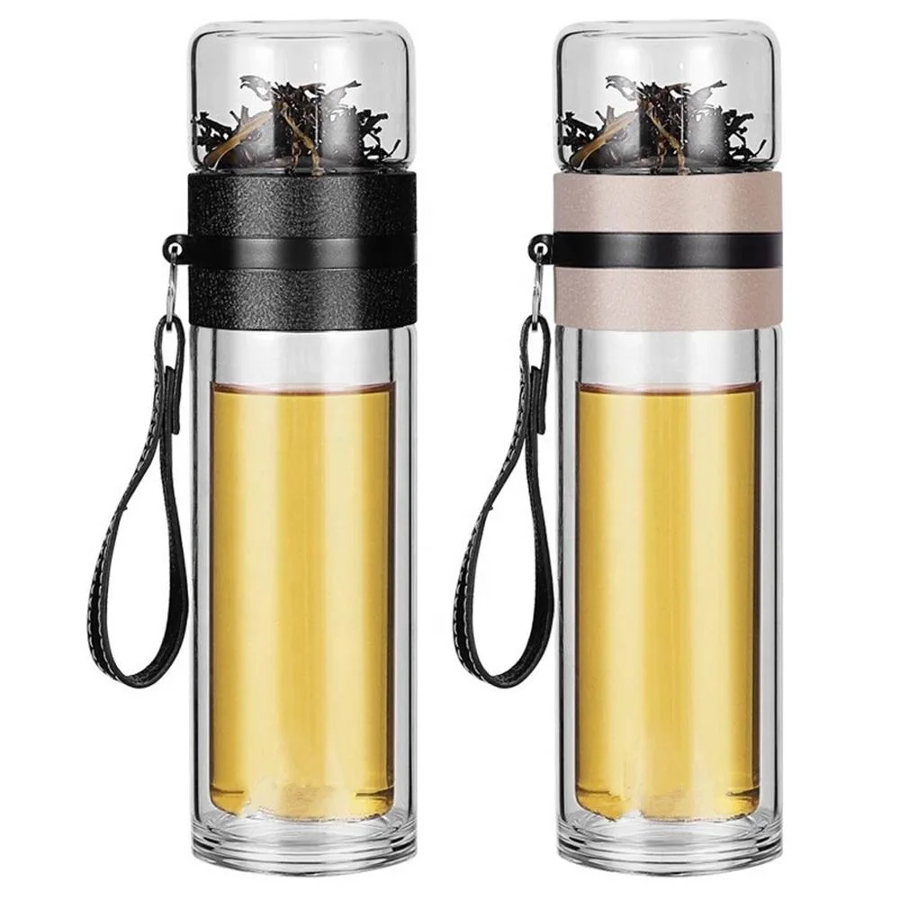 

Portable Double Wall Glass Tea Bottle Tea Separation Infuser Glass Tumbler With Stainless Steel Filters, Transparent