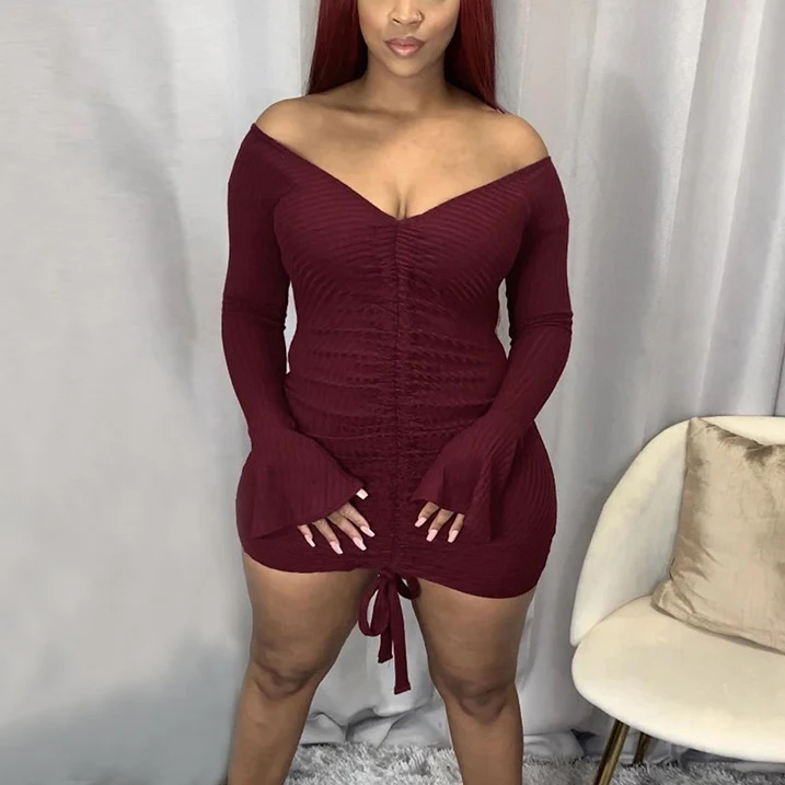 

FS2414D 2021 sexy long Sleeve V neck Bandage Fashion Drawstring dress