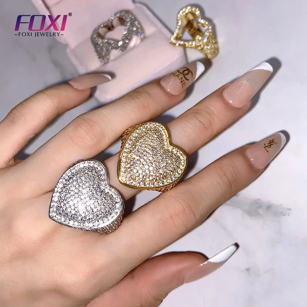 

Drop Shipping Hip Hop Iced Out Bling Heart Ring 18K Gold silver Plating Zirconia Large Ring for Men Rapper jewelry in stock