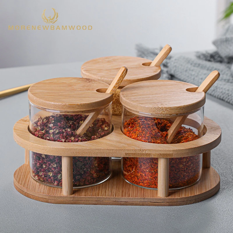 

Factory outlet glass seasoning can set of 3 with bamboo support, glass seasoning can set