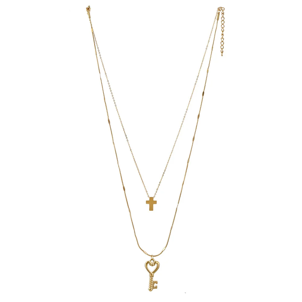 

Personalized Elegance 18K Gold Plated Multilayer Adjustable Rope Chain Thick Cross Key To Her Heart Pendant Necklace Jewelry