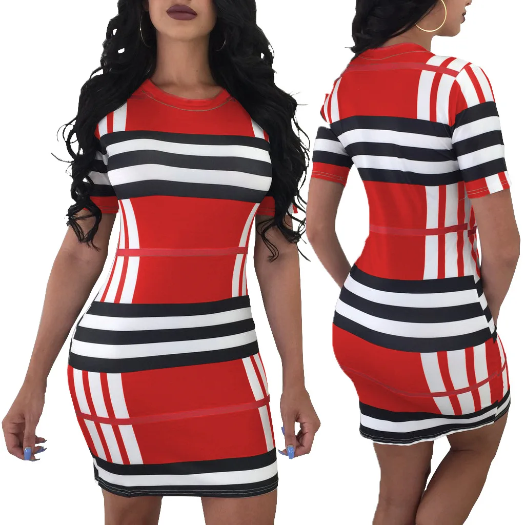 

2021 New Arrivals Summer Fashion Women Casual Stand Neck Short Sleeve Striped Dress Ladies Musim panas Wanita bersaiz besar, Picture shown