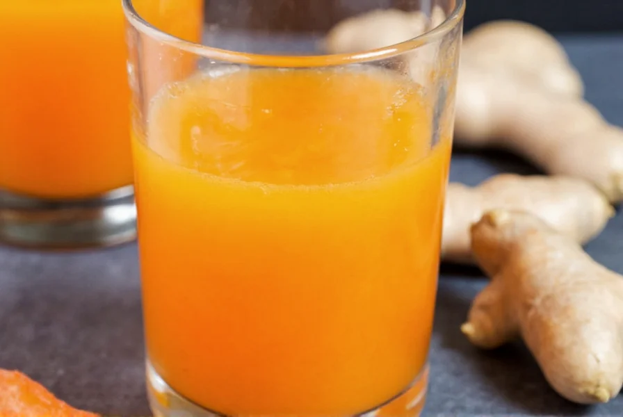 Fresh carrot ginger turmeric juice in glass with ingredients
