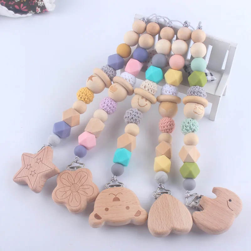 

Baby Pacifier Chain Clip Silicone Beads Beech Natural Organic Infant Chewable Non-Toxic Wooder Clip Teether Nipple Holder
