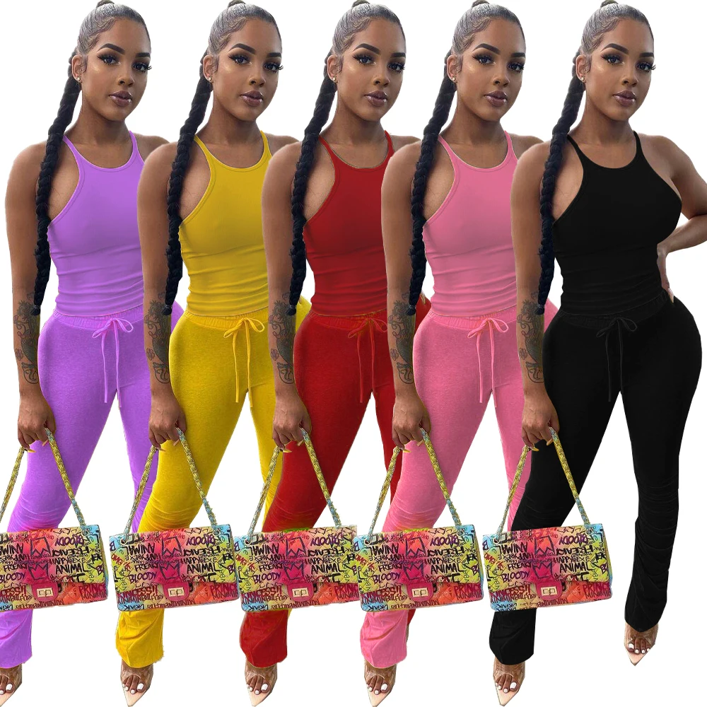 

2021 Solid Color 2 Piece Sets Summer Women Two Pieces Sexy New Arrivals Stacked Pants Set Drawstring Halter Tank Top Set