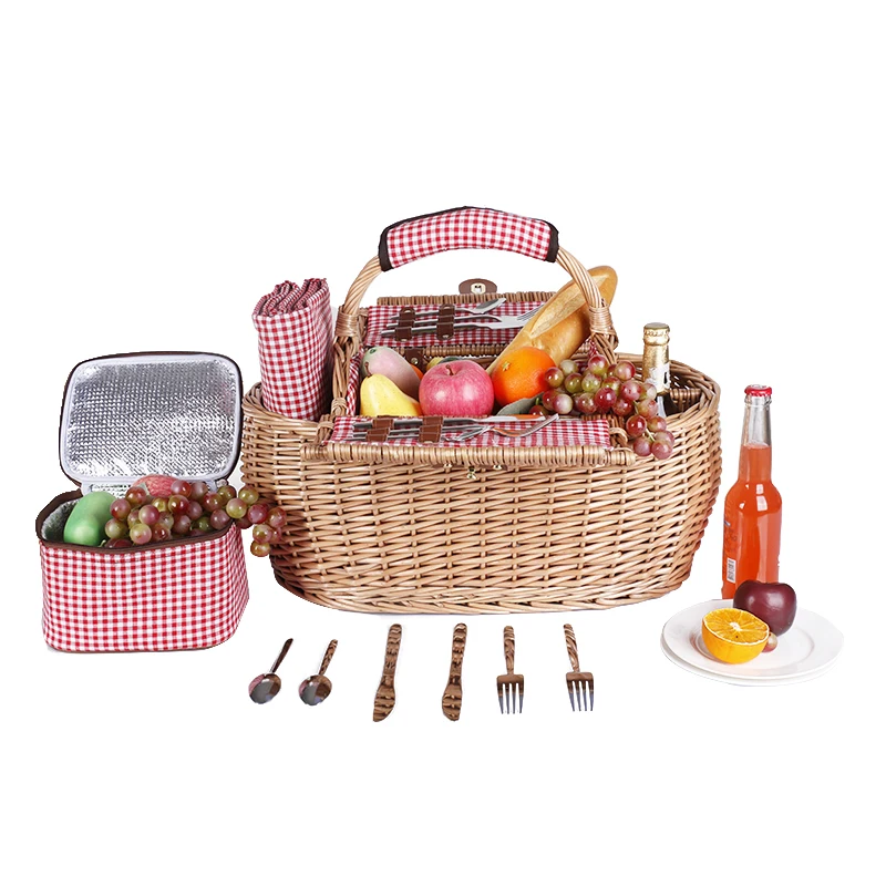 

red blue Handmade handle wholesale wicker Willow Luxury Custom Picnic Basket set hamper Wine blanket with removable cooler bag