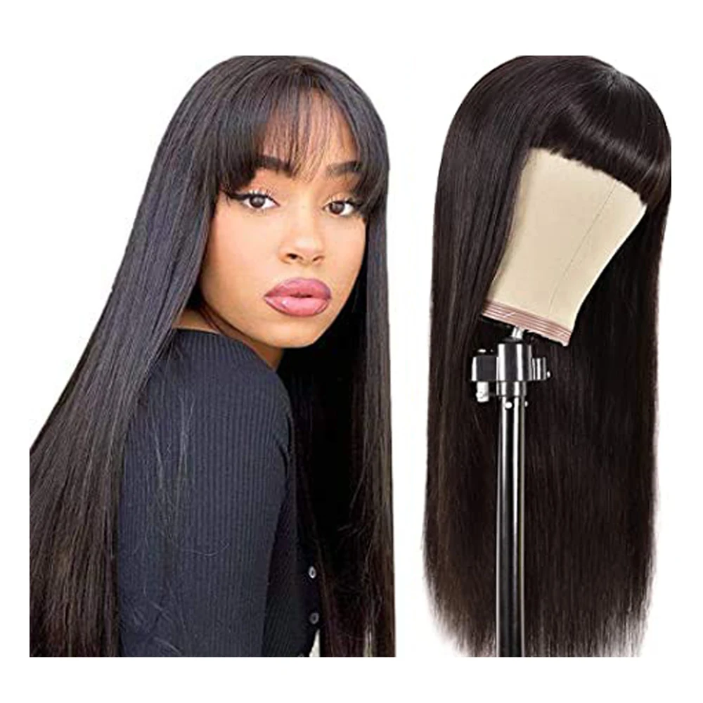 

28 30 32 Inch Bone Straight Human Hair Wigs With Bangs Brazilian Full Machine Made Perruques Cheveux Humain Virgin Remy Hair Wig, Natural color