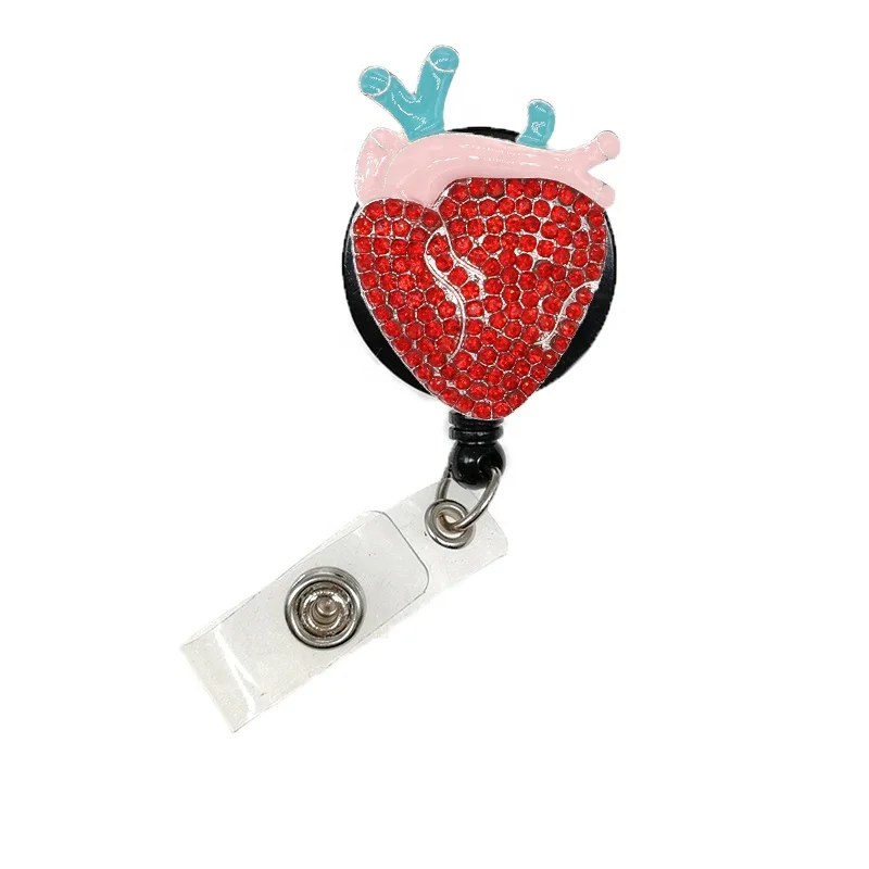 

Free Shipping Rhinestone Medical Heart Retractable Badge Holder Pediatric Cardiology ID Card Badge Reel With Clip For Nurs