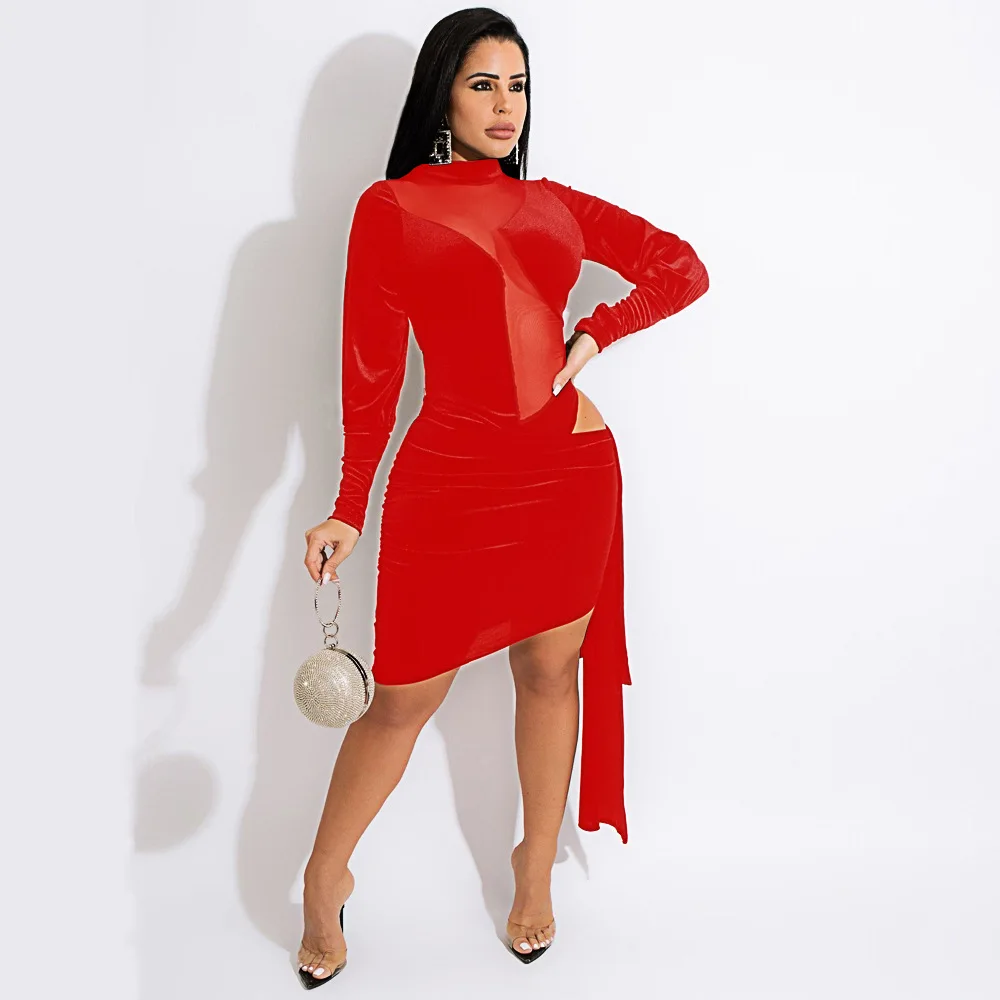 

X05313s Spring And Autumn New Fashionable Dress Women's See-through Slim Long-sleeved Package Hip Dress Nightclub Wear, Red black blue