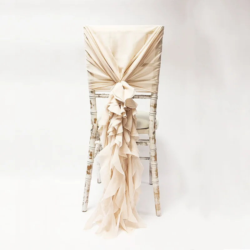 
Hot sale wholesale blush chiffon ruffled wedding chair cover sash hood 