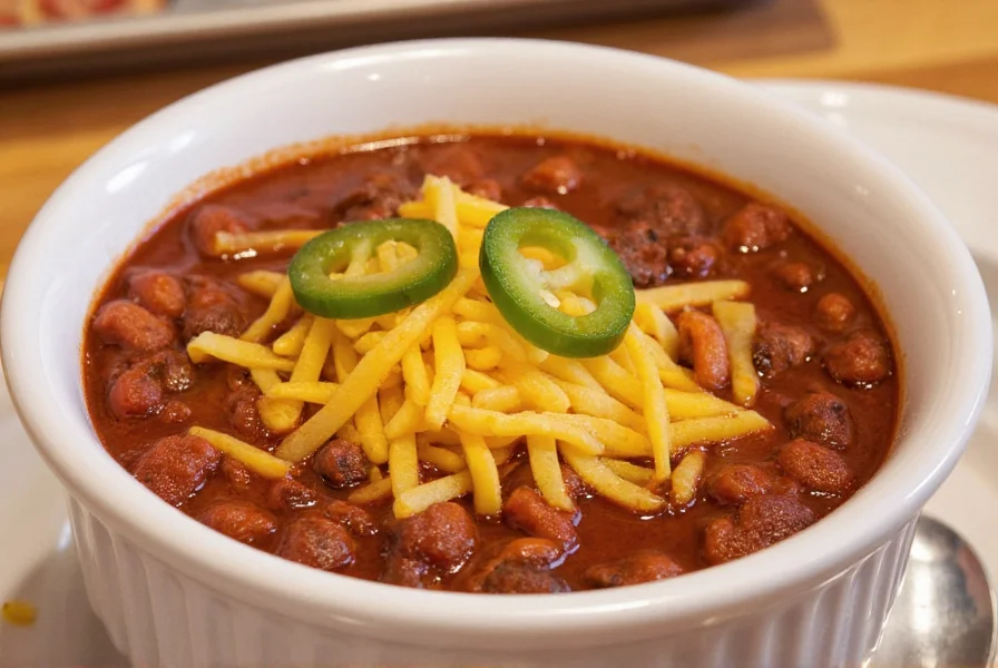 Bowl of chili con carne topped with cheese and onions