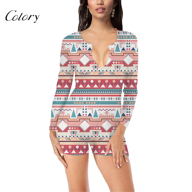 

Colory Sexy Long Sleeve Button Romper Plus Size Pajamas Custom Printing, Picture shows