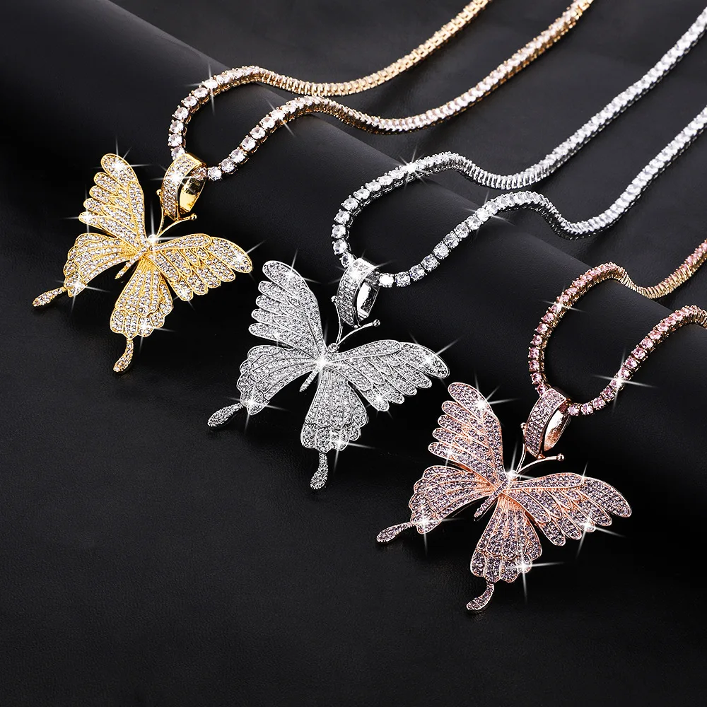 

Rose Gold Cuban Butterfly Pendant Trendy Bling Bling Iced Out Hip hop CZ Diamond Garms Necklace, Silver, rose gold