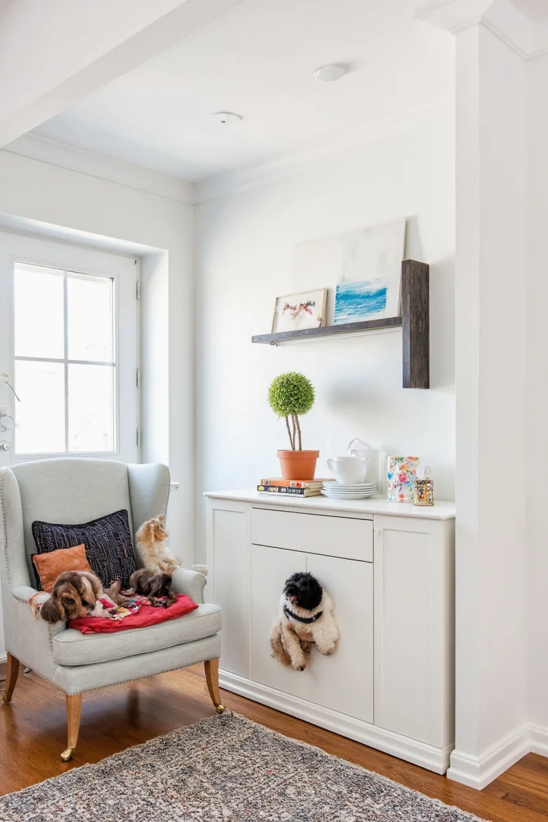A cozy living room designed with pet integration in mind. A large dog lounges comfortably next to a sleek sofa with washable covers.