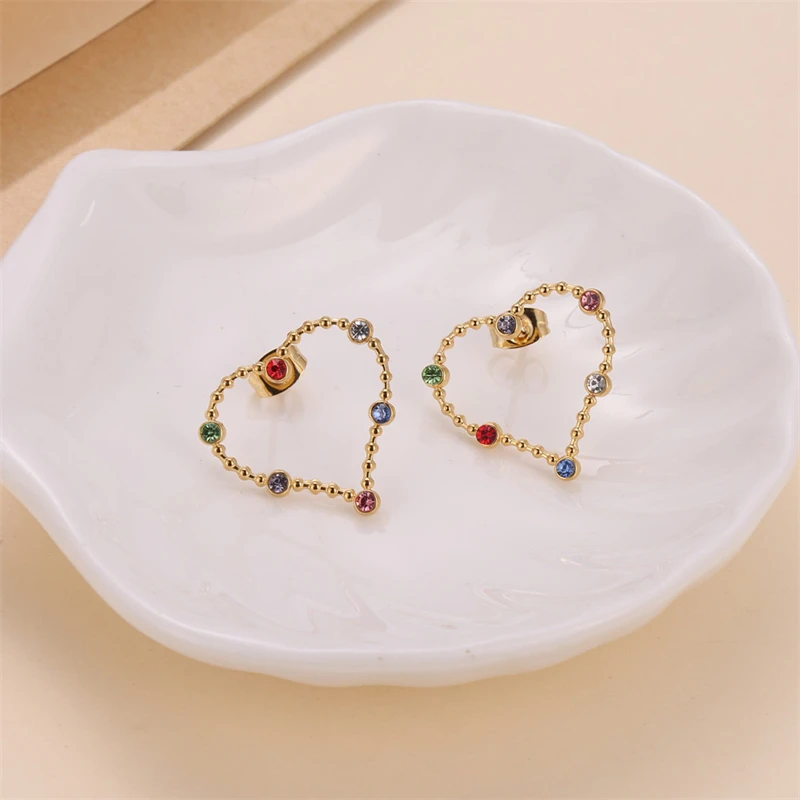 

Fashion Hollow Heart Shape Inlaid Colorful Zircon 18K Gold Plated Stainless Steel Stud Earrings