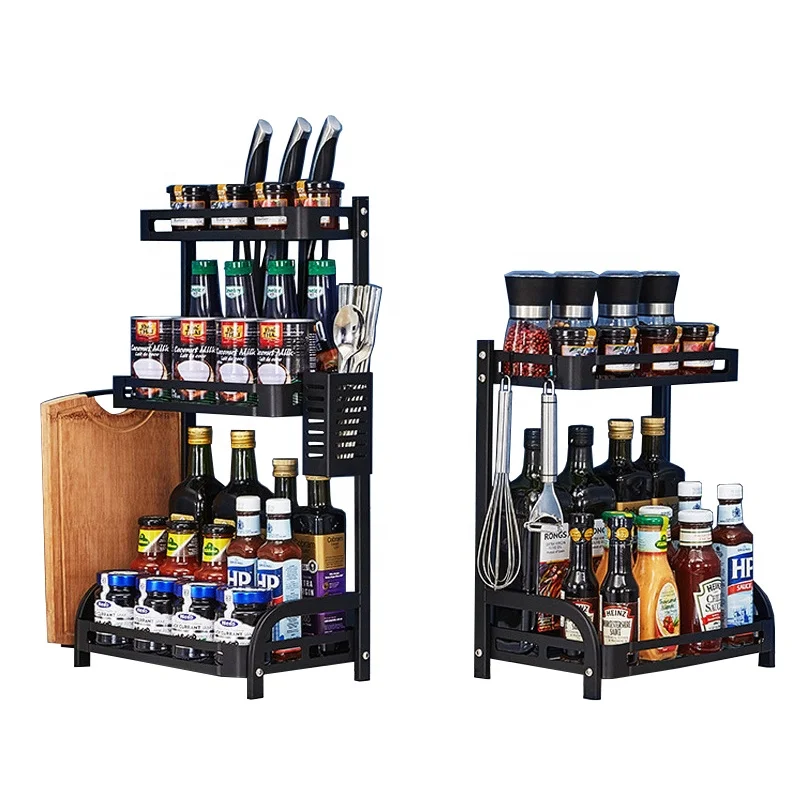 

Spice rack stainless steel 3-layer metal kitchen storage rack vertical bottle seasoning hanging rack