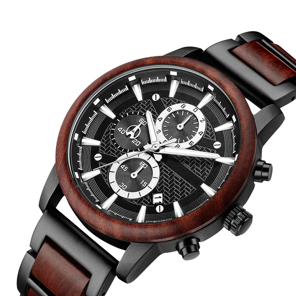 

Luxury Black Men Watches Multi-function Wood Watch quartz wristwatch Low MOQ Custom logo Drop Shipping 2020