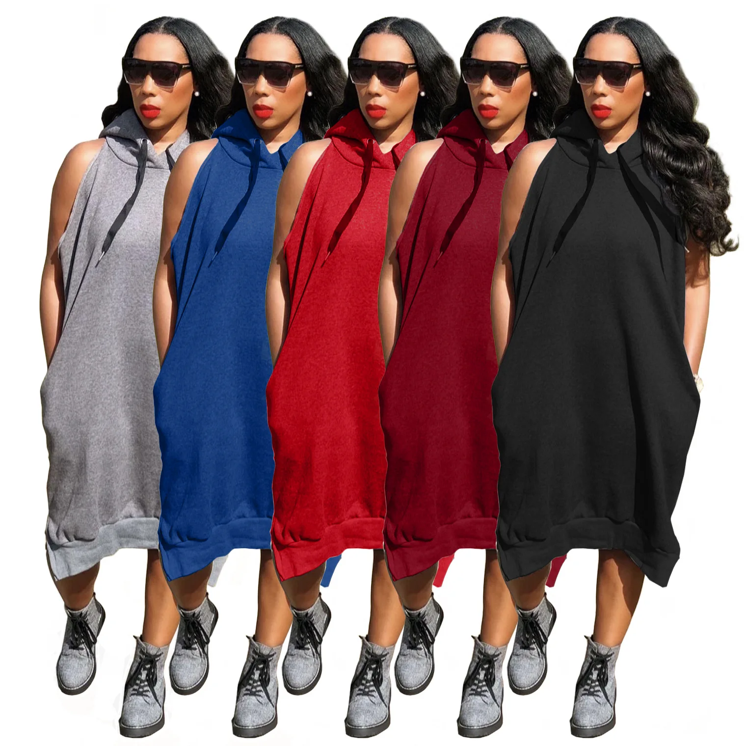 

High Fashion Hot Sell Summer plus size loose casual Streetwear Sleeveless Solid Color Women Hoodies Long Dress, 5 colors