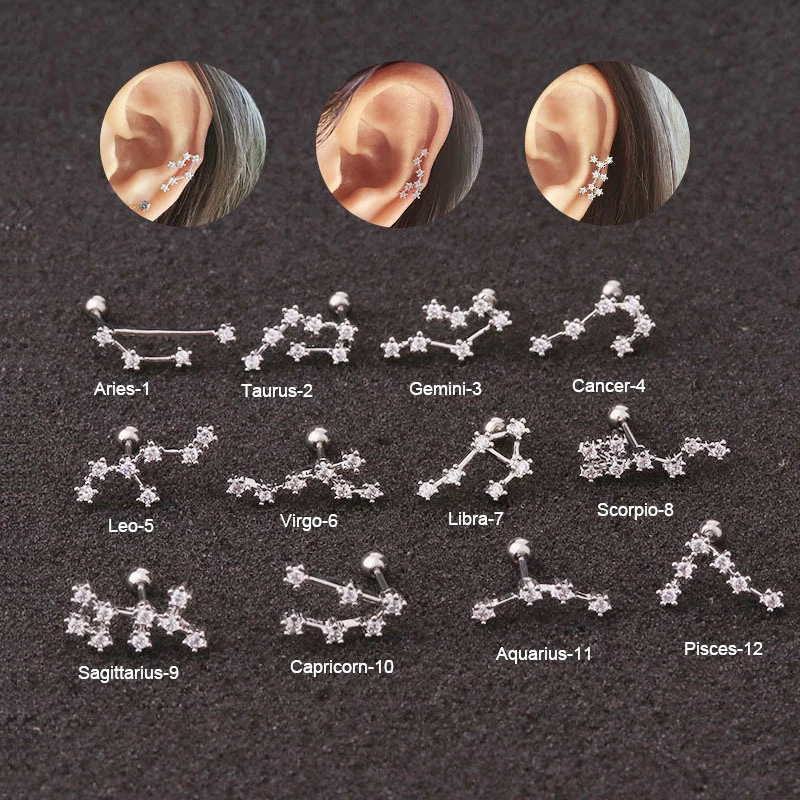 

3 Color available Symbol Sign 12 Zodiac Cartilage Stud Earrings for Women