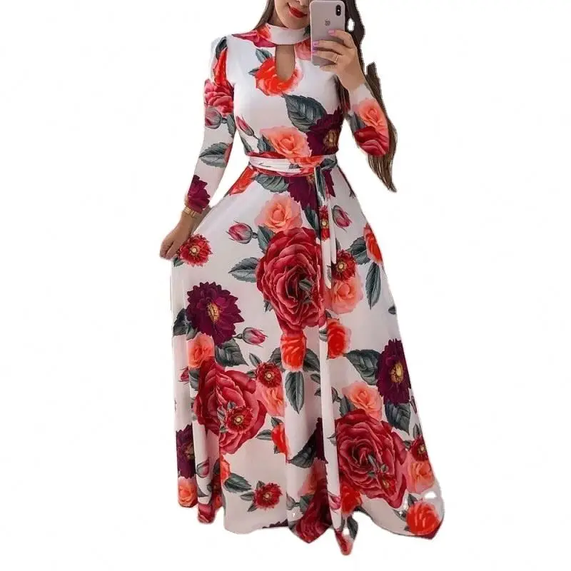 

2021 Vintage Floral Print Short Sleeve Long Dress Summer Casual Slim Women Elegant Belt Bodycon Party Robe Maxi Plus Size