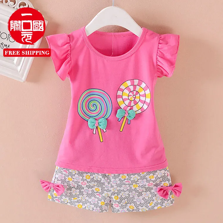 

New children's clothing suit female baby lollipop summer short-sleeved shorts two-piece suit