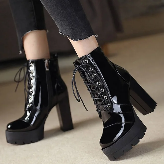 

Mirror Patent Leather Platform Round Toe Women Ankle Boots Big Size 43 Side Zipper Chunky High Heel Short Booties For Ladies, Black