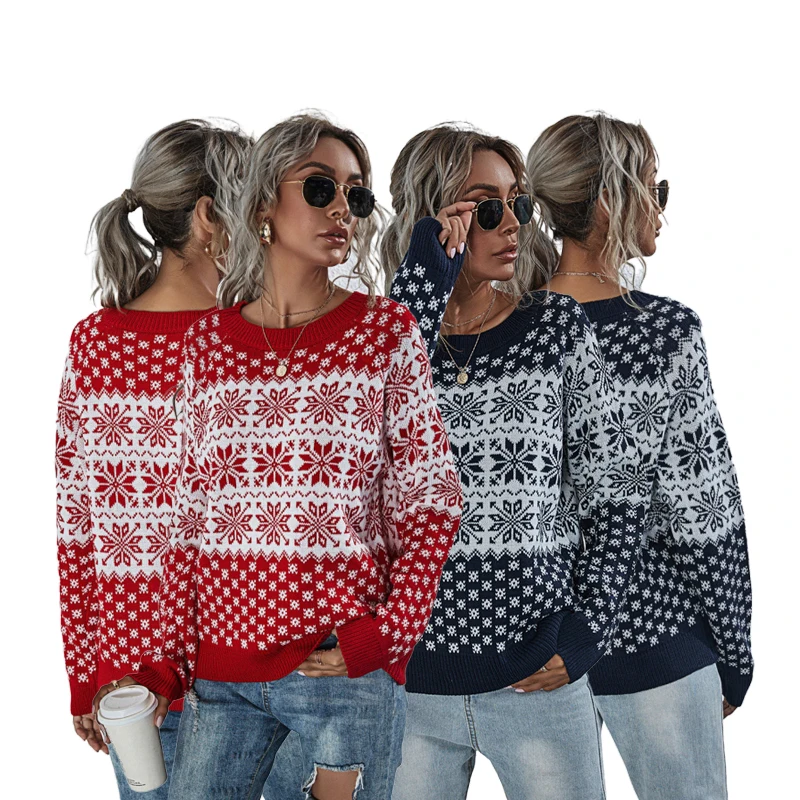 

2020 Wholesale New Jacquard Design Knitted Sweater women's Knitwear Christmas Ugly Snowflake Long Sleeve Knitted Sweater