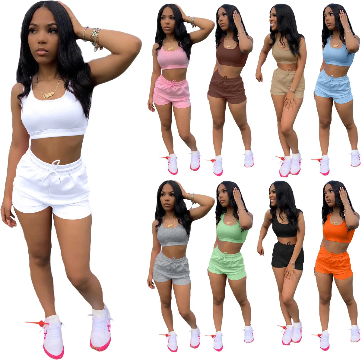 

New Arrivals 2022 Solid Sleeveless Vest Crop Top Shorts Two Piece Set Women Clothing Summer Casual Jogger Shorts Sport Set, White,pink,orange,gray,black,coffee,khaki,green,sky blue