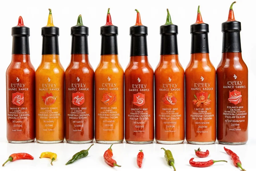Various pepper sauce bottles arranged by heat level from mild to extreme with corresponding pepper varieties