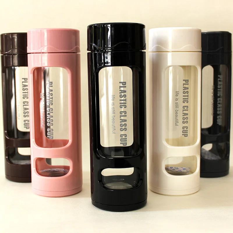 

Hot sales 360ML custom logo glass bottle with plastic shell Drinking Bottle with lid Sports Glass Bottle, Black/pink/brown/blue/white