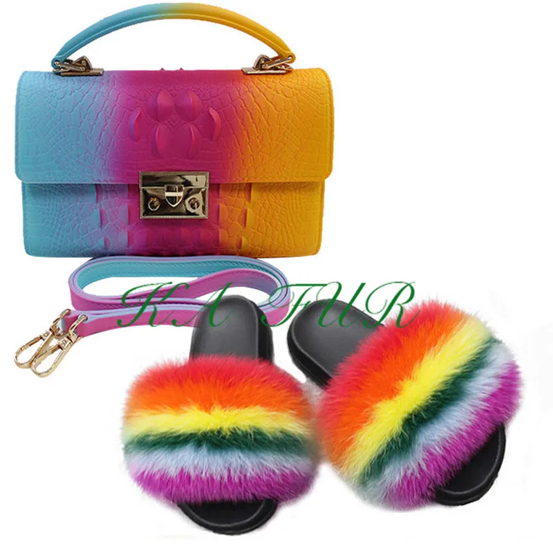 

custom USA real fox fur sandals slides slipper with handbags purses sets full shoe slipper sizes