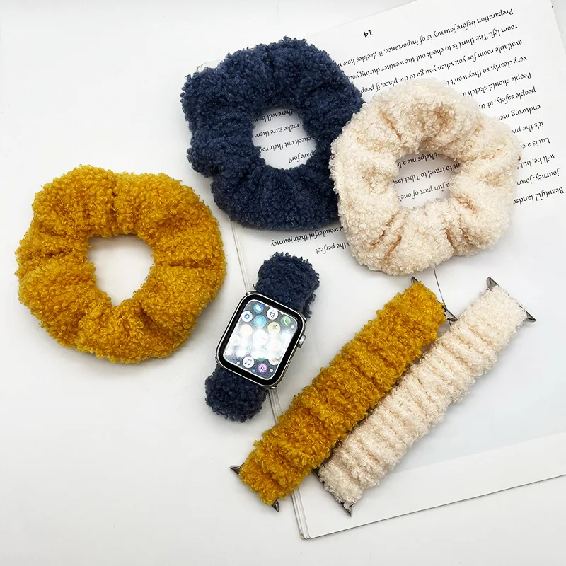 

22MM replacement watch strap with head rope Solid color Teddy fluff Velvet Scrunchies Apple watch S7 bands strap 41MM 45MM