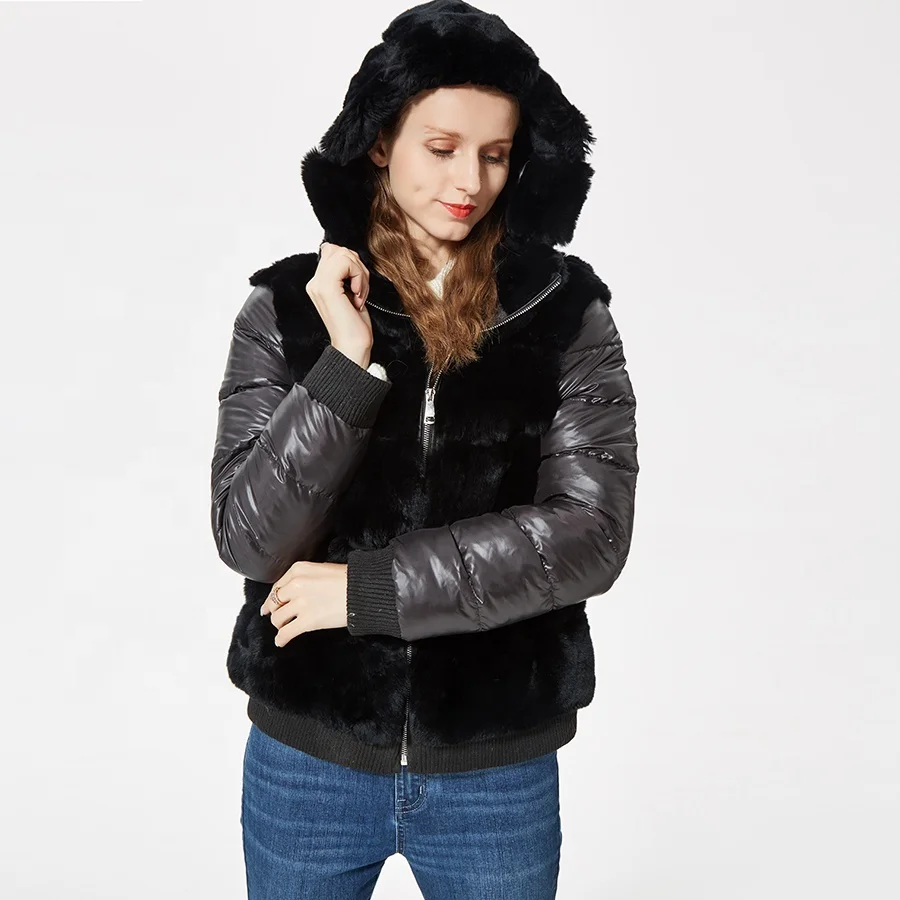 

Rabbit fur coat with down sleeves rex rabbit fur coat with hood real fur coat women
