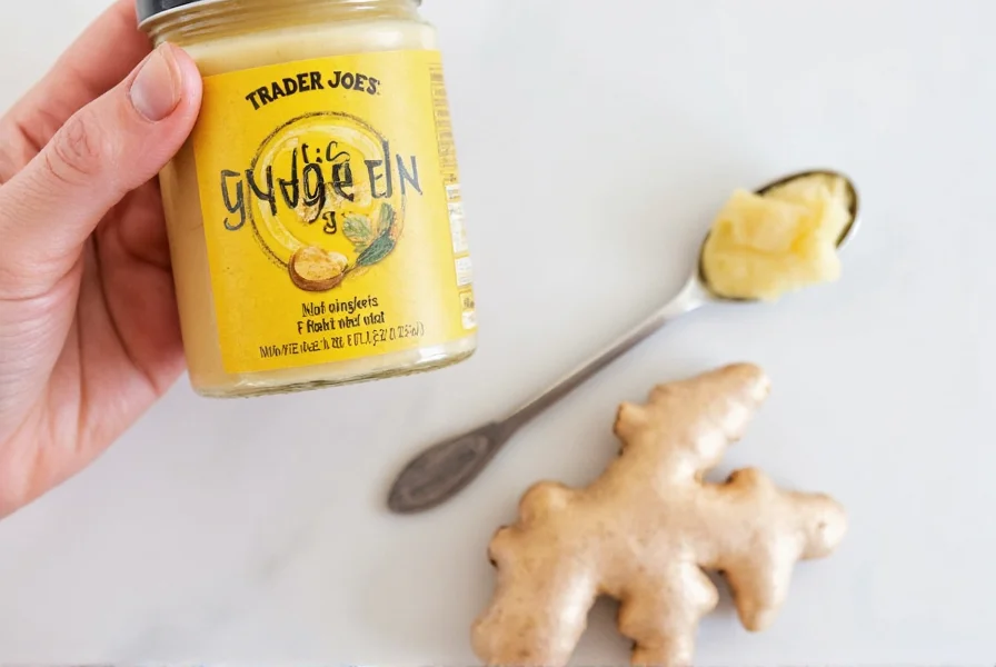 Person holding Trader Joe's ginger shot next to fresh ginger root and measuring spoon to show portion size