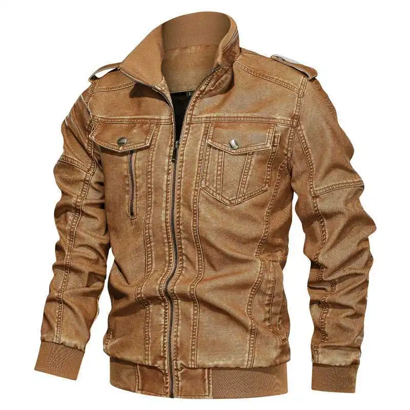 

Color matching casual men's leather clothes casual fashion stand collar spring and autumn leather jacket