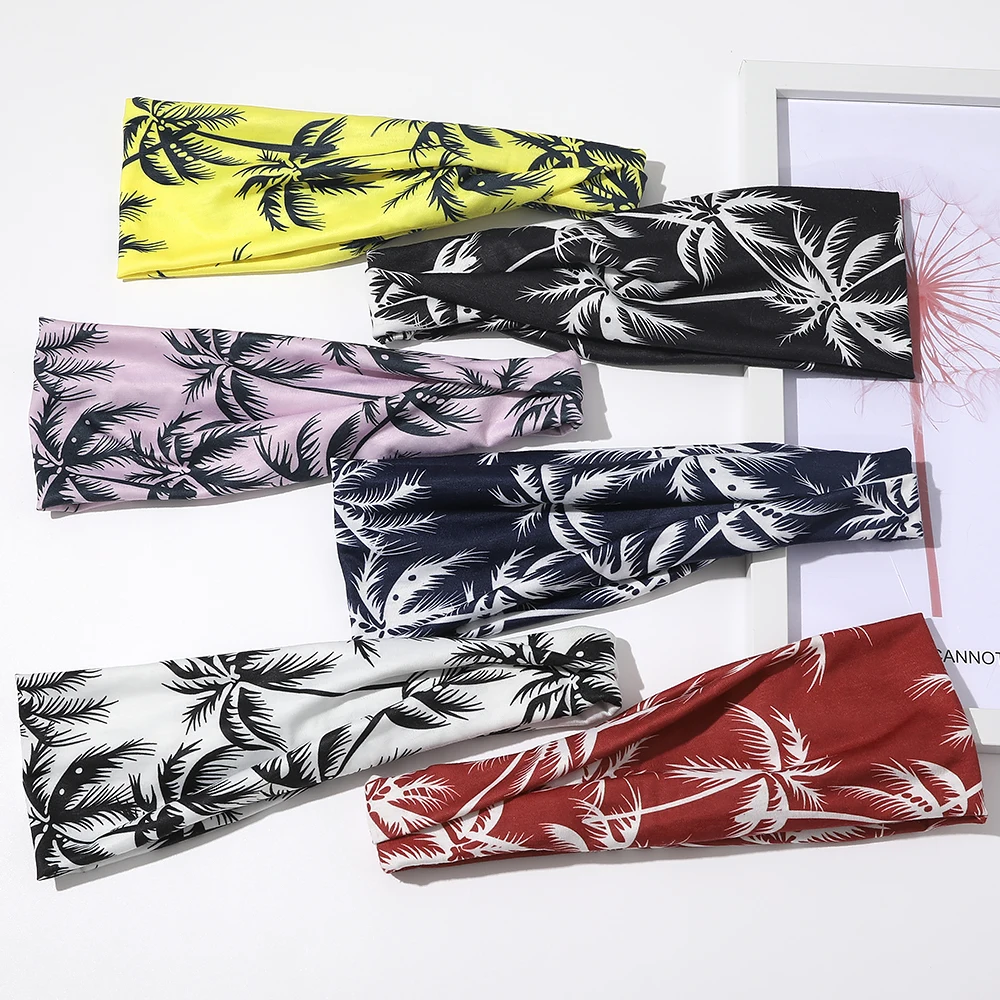 

2021 Newest Design Head Wrap Coconut Tree Print Sports Headband Elastic Fabric Hair Bands