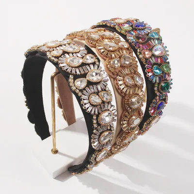 

Vintage Exaggerated Shiny Gemstone Flower Head Buckle Colorful Rhinestone Crystal Headbands for Women
